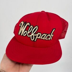 Vintage AJD North Carolina NC STATE Wolfpack Cursive Snapback Hat Cap Red Mesh